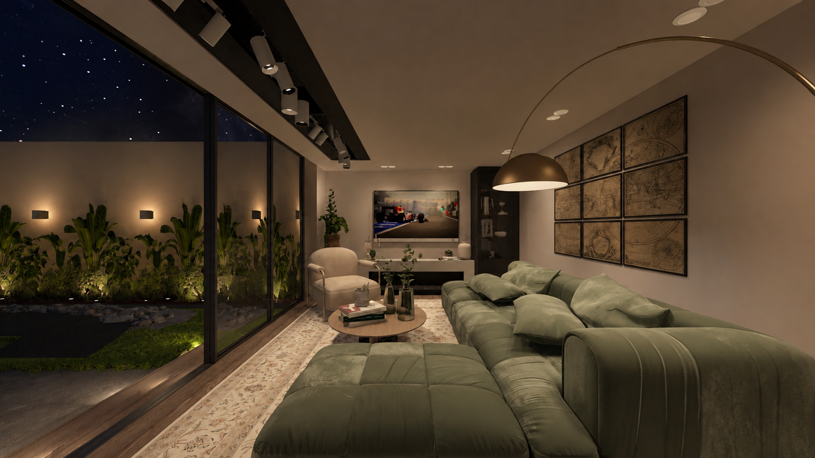 تصميم متكامل يجمع بين الأناقة والراحة، يوازن بين المساحات الداخلية الدافئة وتصميم حديقة منزلية عملية، مع إطلالات وإضاءة تعزز التجربة المعيشية. / An integrated home and garden design balancing warm interiors, practical outdoor living, and considered lighting.