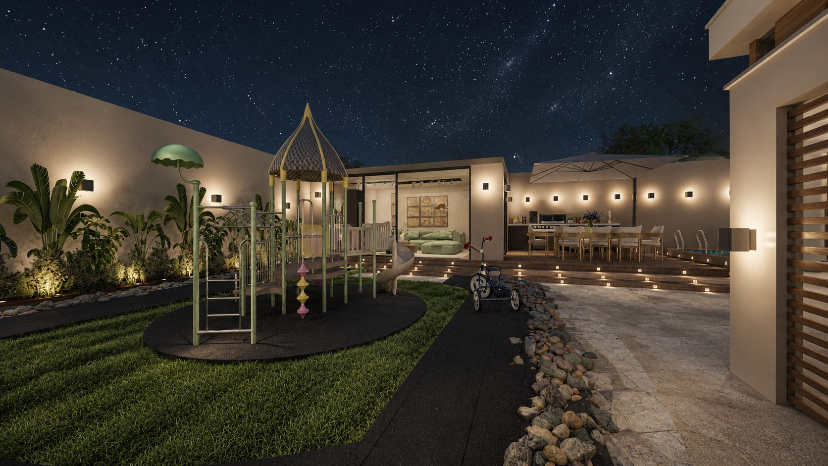 An integrated home and garden design balancing warm interiors, practical outdoor living, and considered lighting. — 3