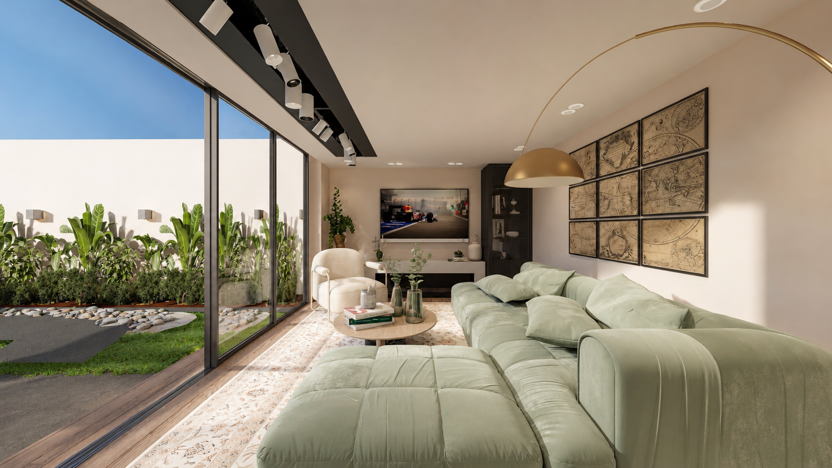 An integrated home and garden design balancing warm interiors, practical outdoor living, and considered lighting. — 4