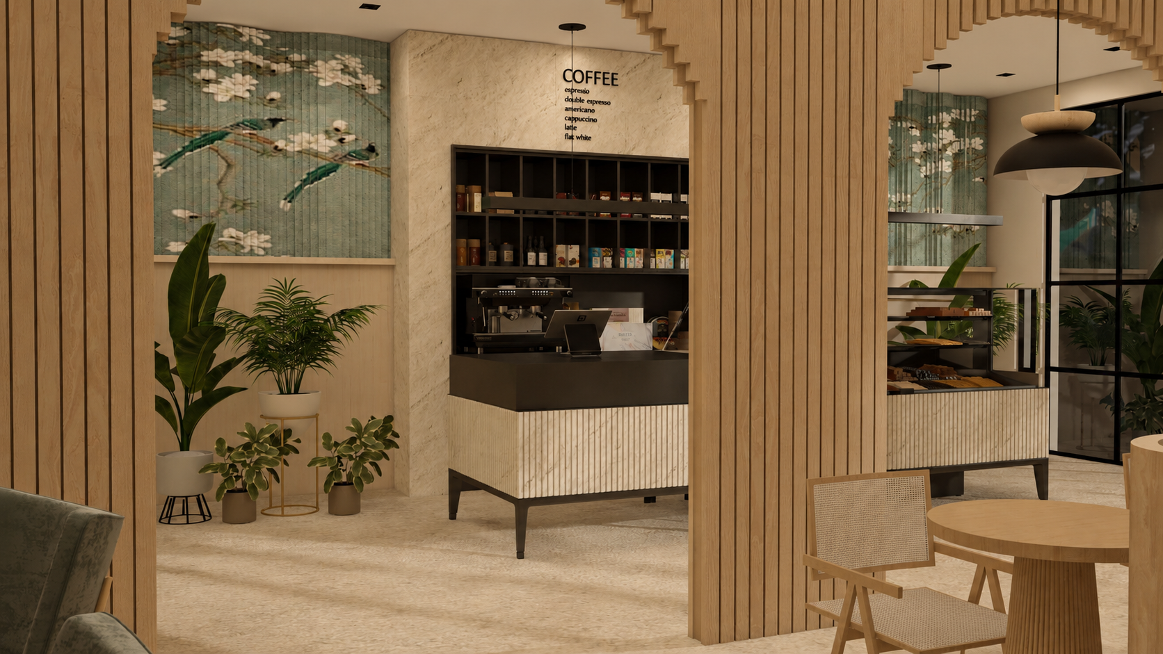 كوفي بطراز ياباني وإسكندنافي بسيط وأنيق، مع نباتات داخلية وأجواء مريحة. / A serene Japandi café with natural materials, indoor planting, and a calm, welcoming atmosphere.