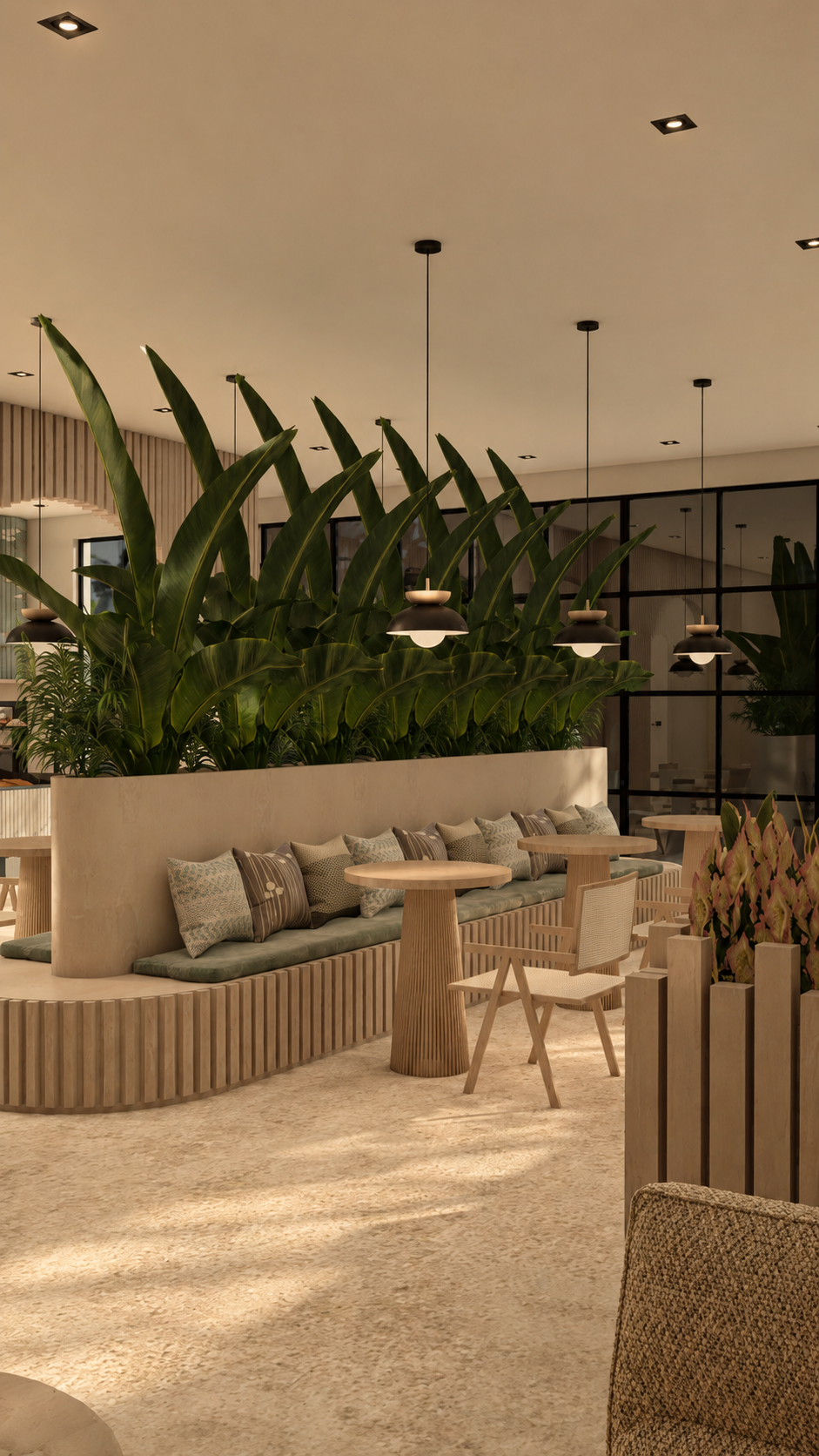 A serene Japandi café with natural materials, indoor planting, and a calm, welcoming atmosphere. — 3
