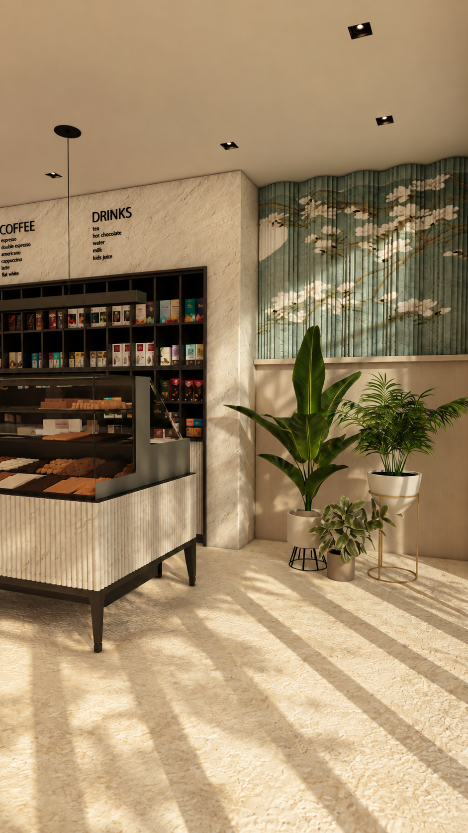 A serene Japandi café with natural materials, indoor planting, and a calm, welcoming atmosphere. — 4