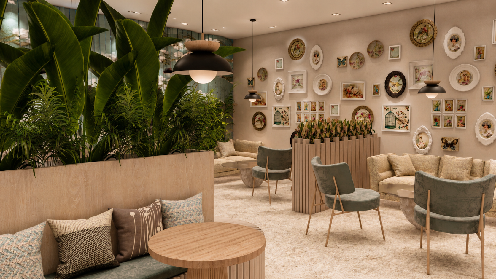 A serene Japandi café with natural materials, indoor planting, and a calm, welcoming atmosphere. — 5