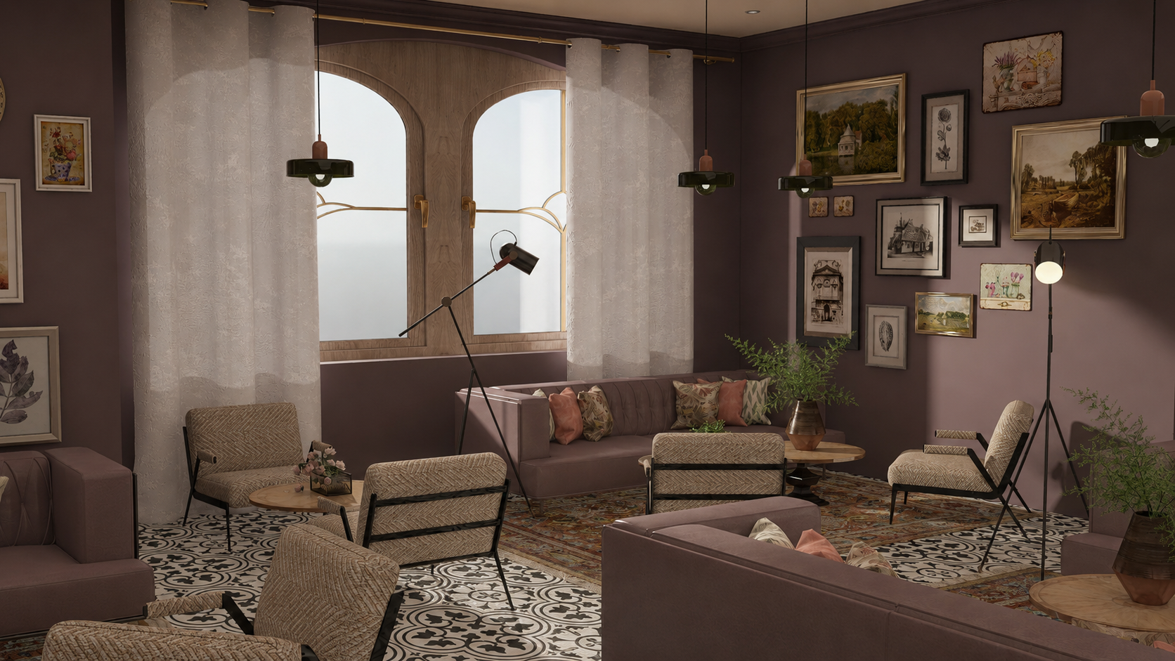 A Scandinavian and English-country café organized around a library, study lounge, and glass-roofed passage. — 6