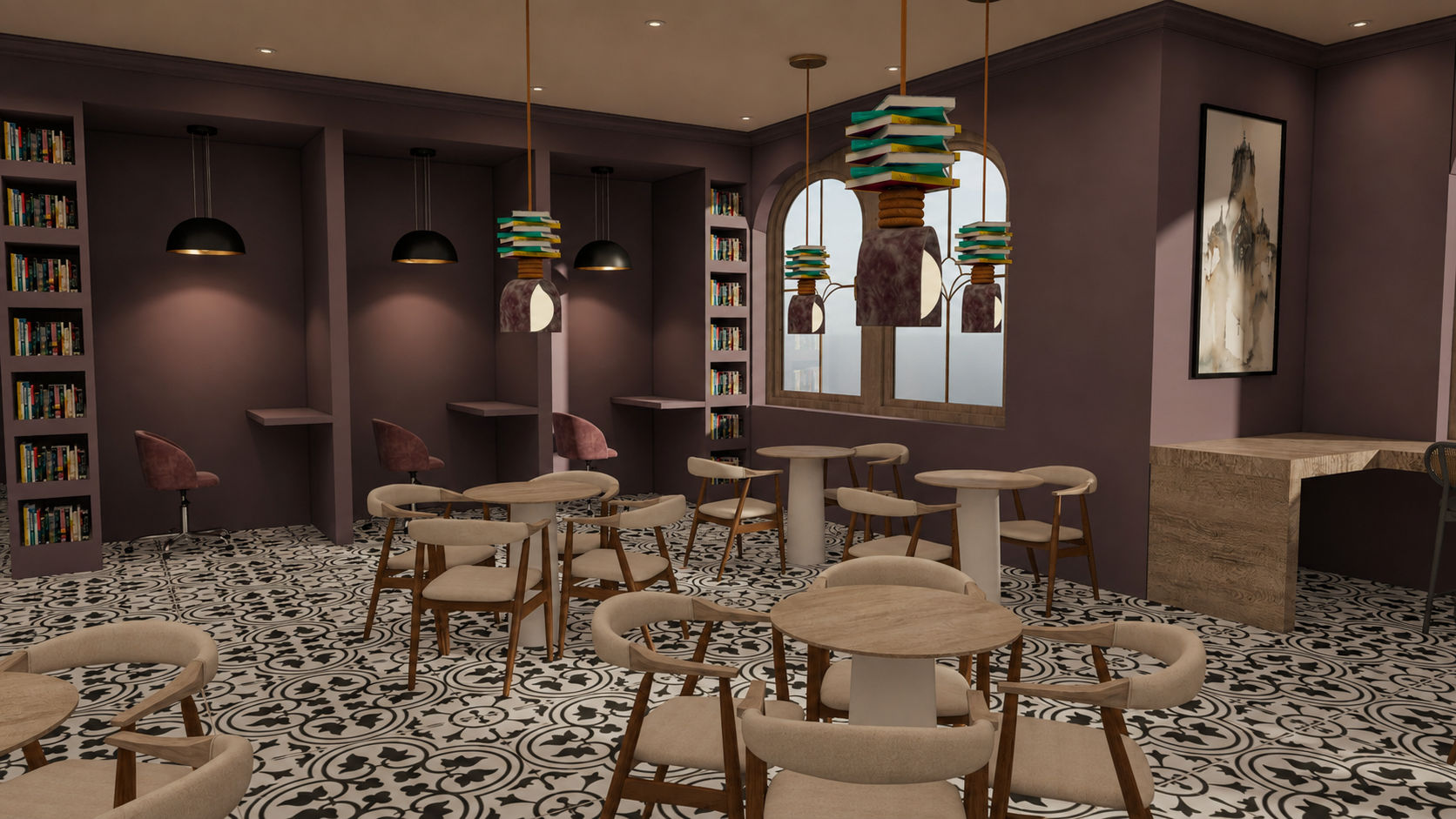 A Scandinavian and English-country café organized around a library, study lounge, and glass-roofed passage. — 7