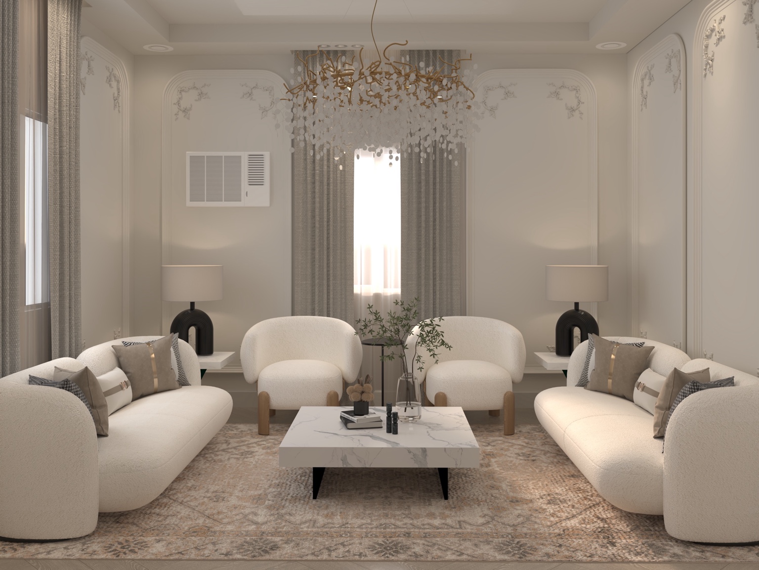مجلس عصري بألوان هادئة وتصميم أنيق مع زخارف ناعمة وأثاث مريح. / A modern majlis defined by calm neutrals, graceful detailing, and comfortable sculptural furniture.