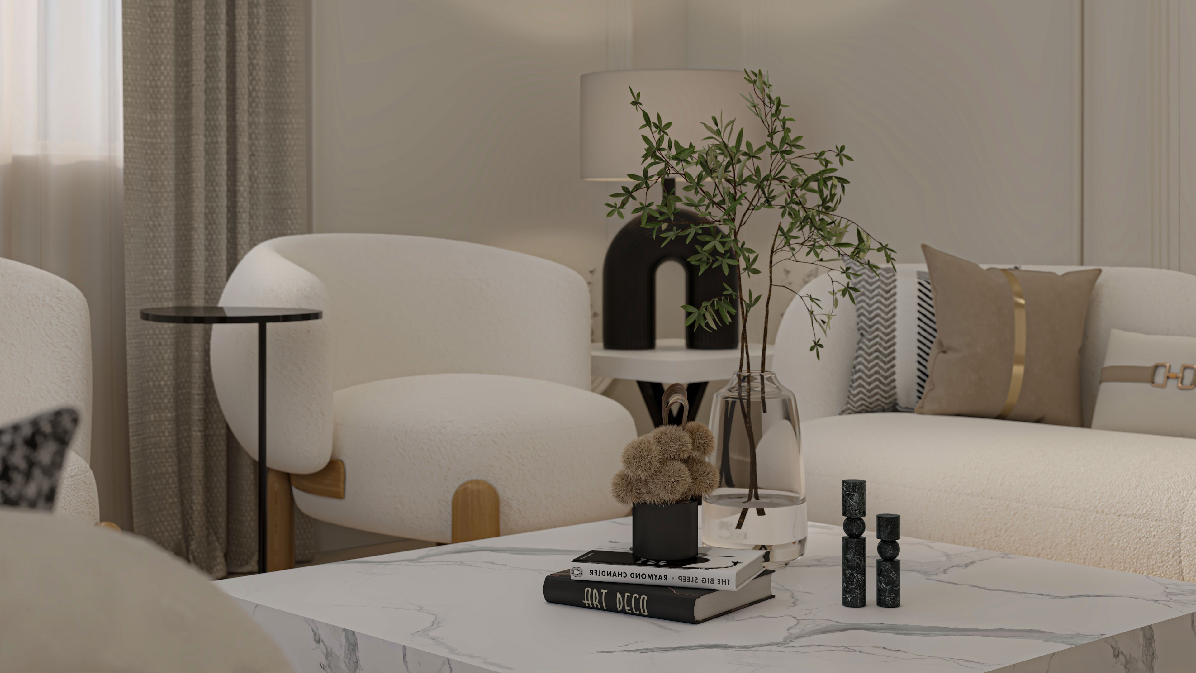 A modern majlis defined by calm neutrals, graceful detailing, and comfortable sculptural furniture. — 2