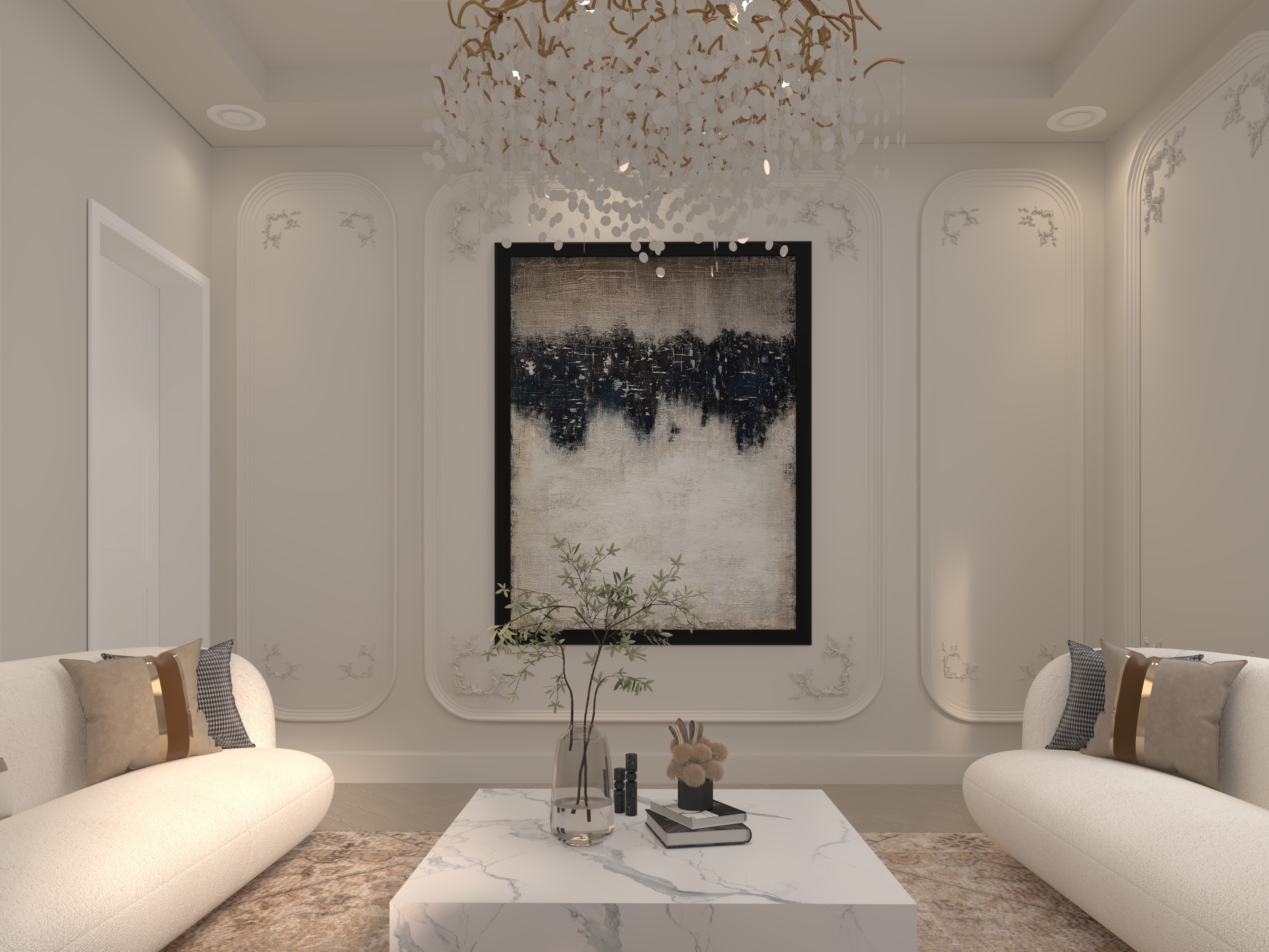 A modern majlis defined by calm neutrals, graceful detailing, and comfortable sculptural furniture. — 3