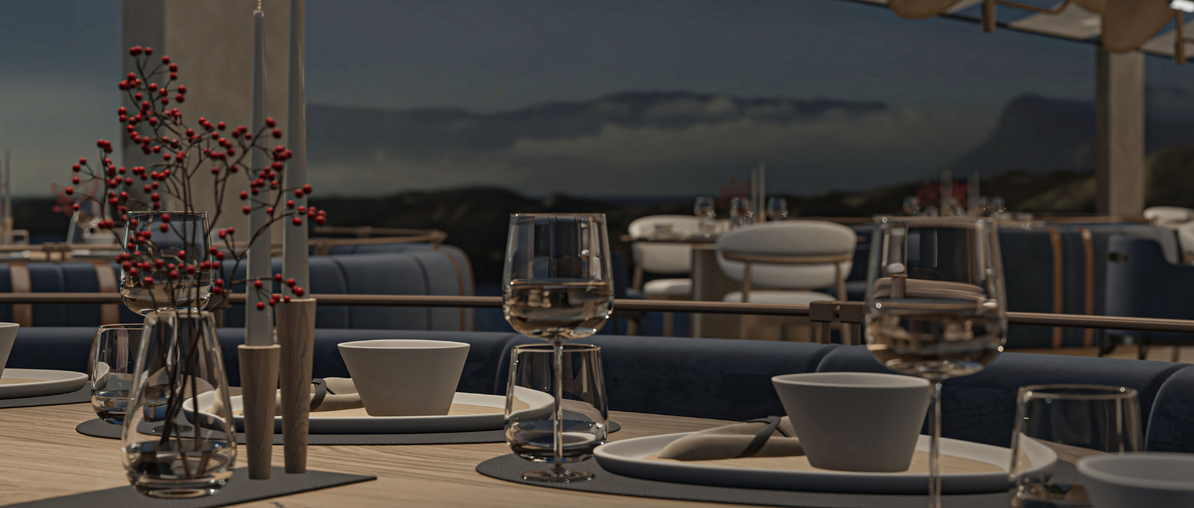 A luxurious seaside hotel restaurant shaped by contemporary Japanese-Scandinavian design. — 3