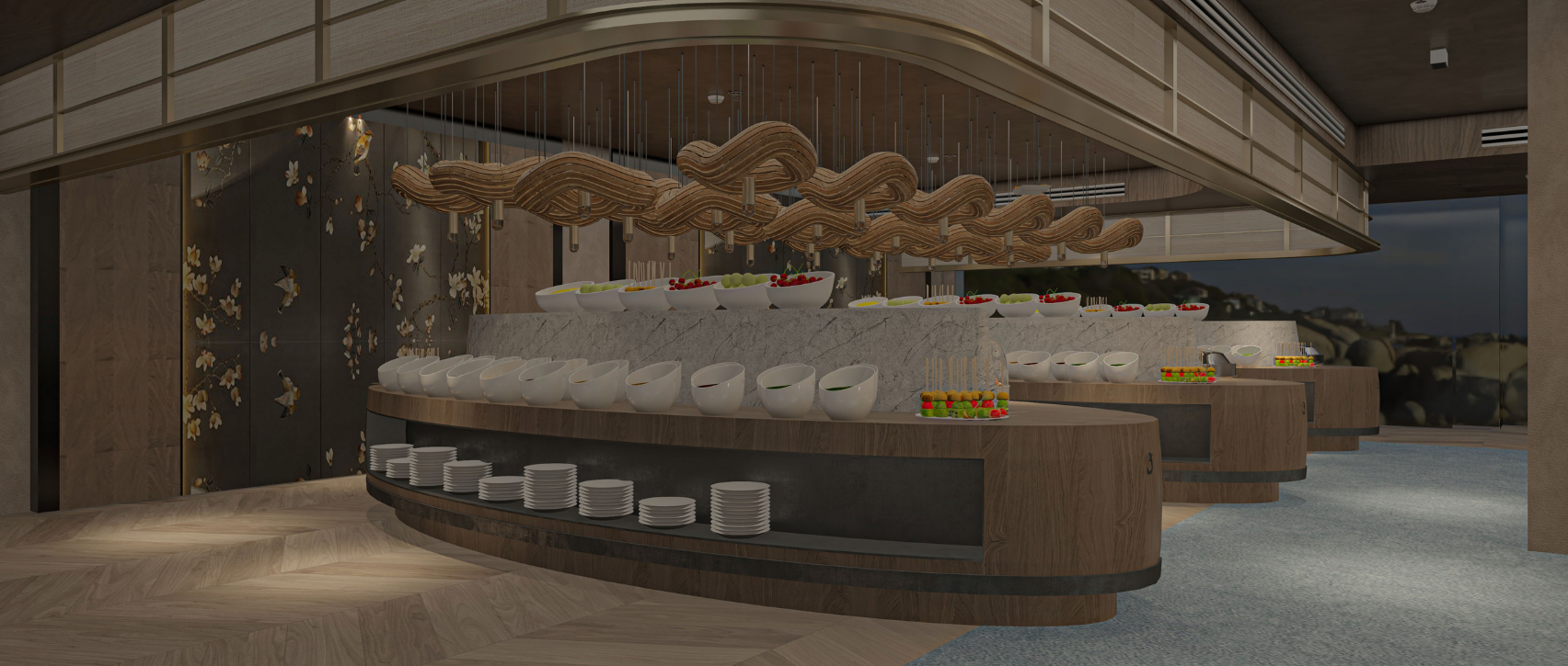 A luxurious seaside hotel restaurant shaped by contemporary Japanese-Scandinavian design. — 4